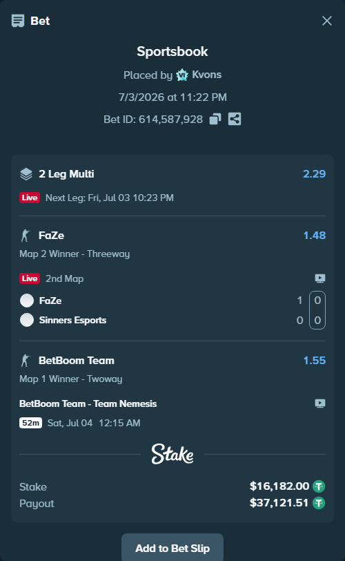 Bet slip: FaZe - Sinners Esports, $16,198.18 stake at 1.48 odds, placed by Kvons