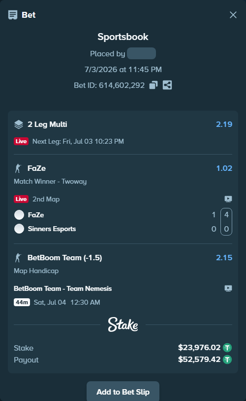 Bet slip: FaZe - Sinners Esports, $24,000.00 stake at 1.02 odds, placed by oxorona