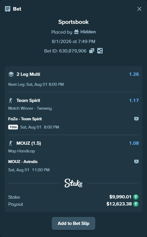 Bet slip: FaZe - Team Spirit, $10,000.00 stake at 1.17 odds, placed by Hidden