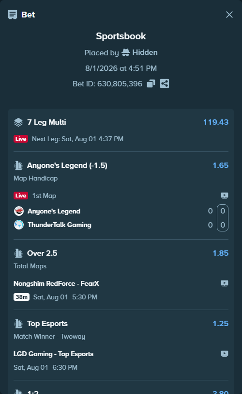 Bet slip: FaZe - Team Spirit, $15,000.00 stake at 4.80 odds, placed by Hidden