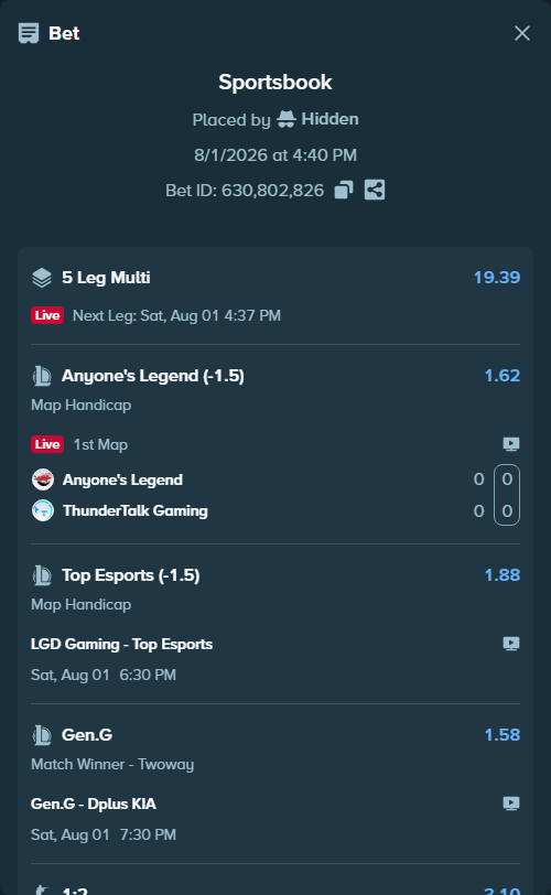 Bet slip: FaZe - Team Spirit, $25,000.00 stake at 3.10 odds, placed by Hidden
