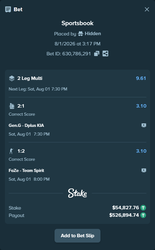 Bet slip: FaZe - Team Spirit, $54,882.58 stake at 3.10 odds, placed by Hidden