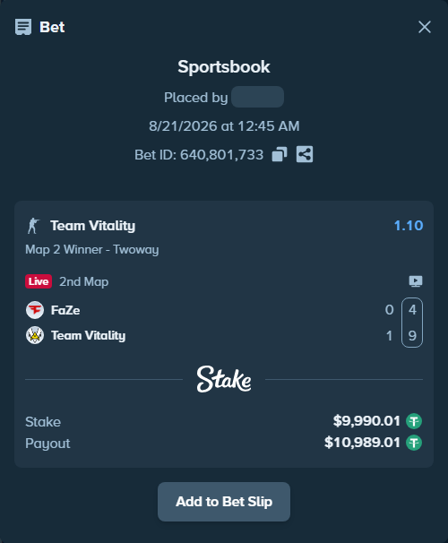 Bet slip: FaZe - Team Vitality, $10,000.00 stake at 1.10 odds, placed by Mopsik33