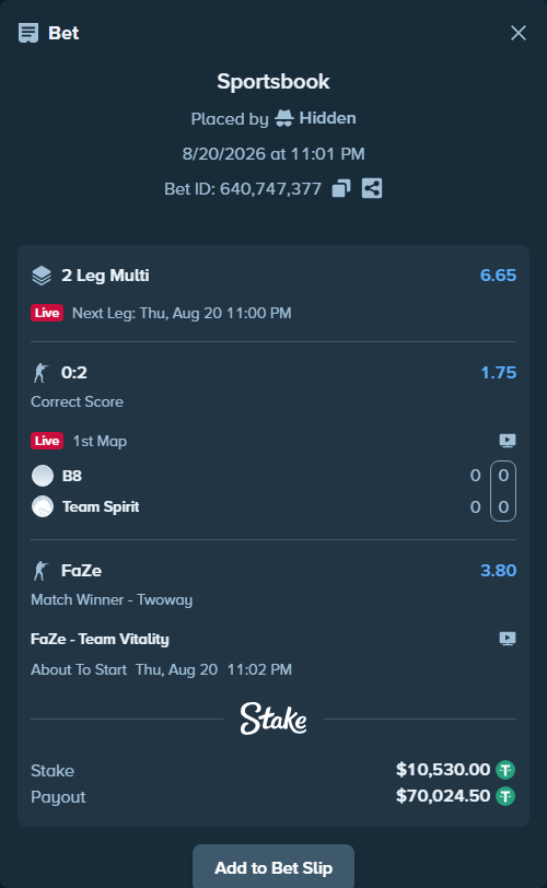 Bet slip: FaZe - Team Vitality, $10,540.53 stake at 3.80 odds, placed by Hidden