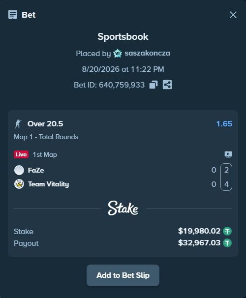 Bet slip: FaZe - Team Vitality, $20,000.00 stake at 1.65 odds, placed by saszakoncza