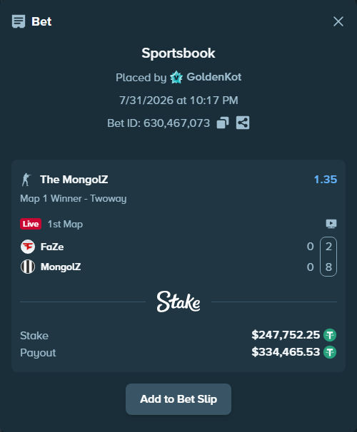 Bet slip: FaZe - The MongolZ, $248,000.00 stake at 1.35 odds, placed by GoldenKot