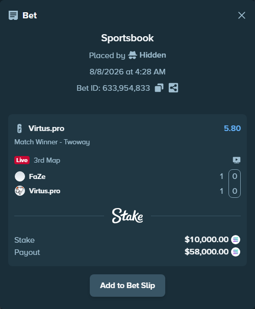 Bet slip: FaZe - Virtus.pro, $10,105.10 stake at 5.80 odds, placed by Hidden