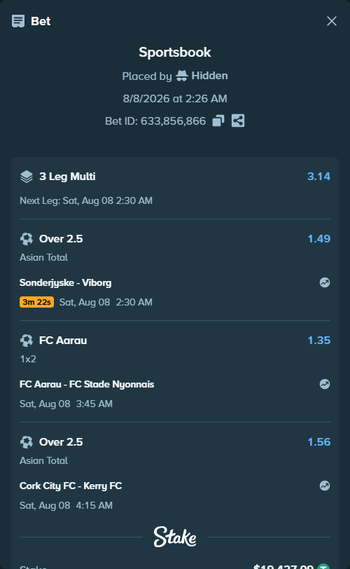 Bet slip: FC Aarau - FC Stade Nyonnais, $19,446.52 stake at 1.35 odds, placed by Hidden