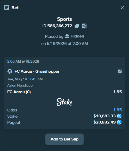 Bet slip: FC Aarau - Grasshopper, $10,683.33 stake at 1.95 odds, placed by Hidden