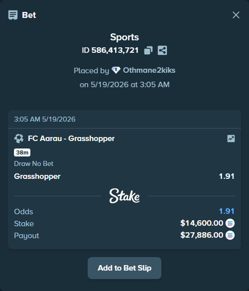 Bet slip: FC Aarau - Grasshopper, $12,650.49 stake at 1.91 odds, placed by Othmane2kiks