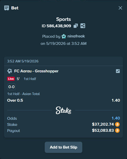 Bet slip: FC Aarau - Grasshopper, $31,234.15 stake at 1.40 odds, placed by ninafreak