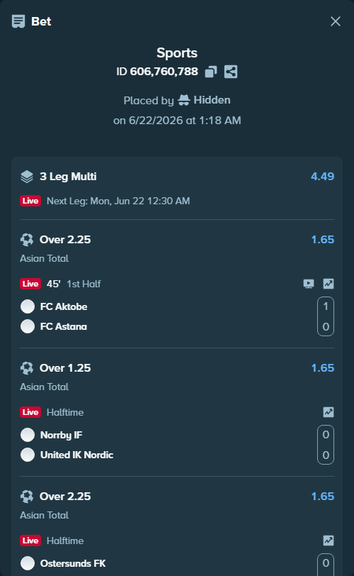 Bet slip: FC Aktobe - FC Astana, $11,471.35 stake at 1.65 odds, placed by Hidden