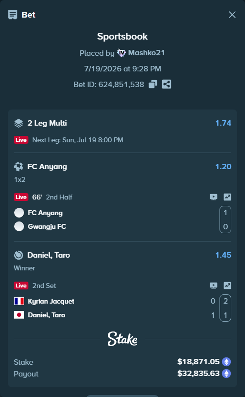 Bet slip: FC Anyang - Gwangju FC, $19,160.89 stake at 1.20 odds, placed by Mashko21