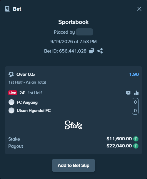 Bet slip: FC Anyang - Ulsan HD FC, $11,600.00 stake at 1.90 odds, placed by tlwns4736