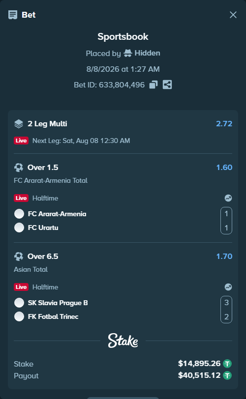 Bet slip: FC Ararat-Armenia - FC Urartu Yerevan, $14,910.16 stake at 1.60 odds, placed by Hidden