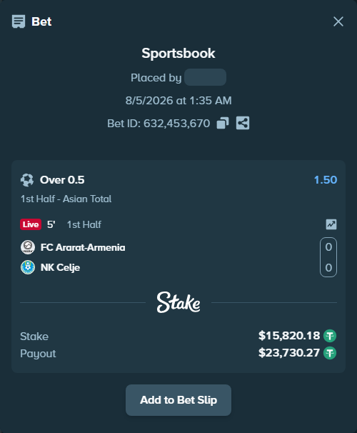 Bet slip: FC Ararat-Armenia - NK Celje, $15,836.00 stake at 1.50 odds, placed by tlwns4736