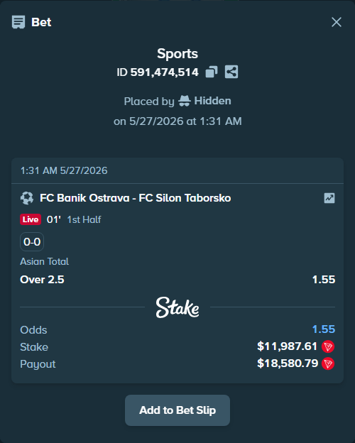Bet slip: FC Banik Ostrava - FC Silon Taborsko, $10,407.50 stake at 1.55 odds, placed by Hidden