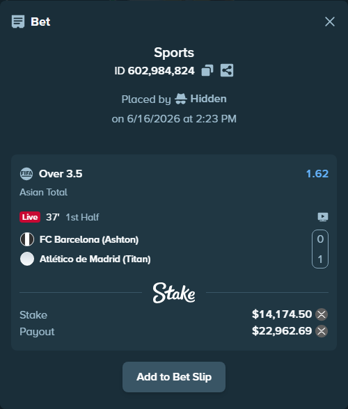 Bet slip: FC Barcelona (Ashton) - Atlético de Madrid (Titan), $13,102.06 stake at 1.62 odds, placed by Hidden