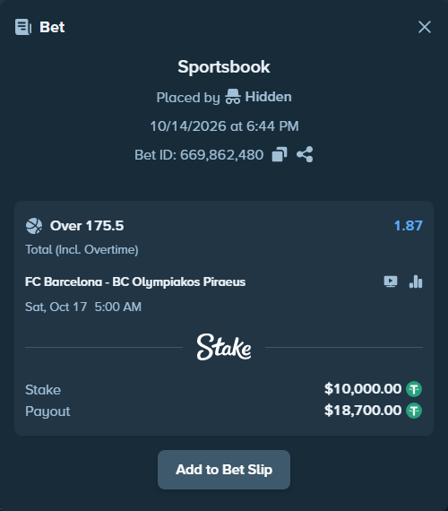 Bet slip: FC Barcelona - BC Olympiakos Piraeus, $10,010.00 stake at 1.87 odds, placed by Hidden