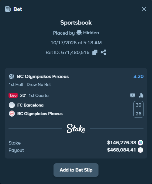 Bet slip: FC Barcelona - BC Olympiakos Piraeus, $145,812.68 stake at 3.20 odds, placed by Prettylfacko98