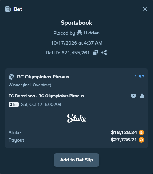 Bet slip: FC Barcelona - BC Olympiakos Piraeus, $18,212.06 stake at 1.53 odds, placed by Hidden