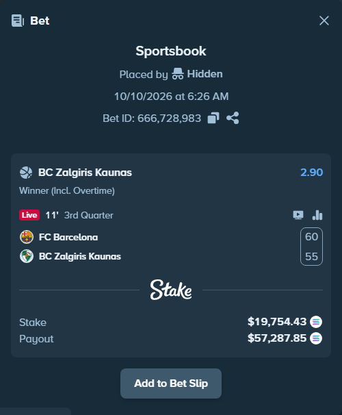 Bet slip: FC Barcelona - BC Zalgiris Kaunas, $19,768.49 stake at 2.90 odds, placed by Prettylfacko98