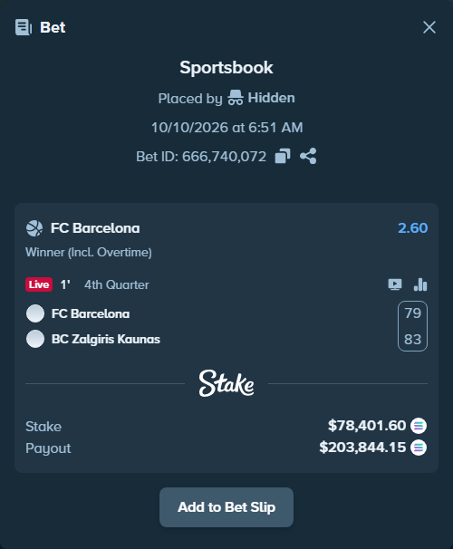 Bet slip: FC Barcelona - BC Zalgiris Kaunas, $78,657.36 stake at 2.60 odds, placed by Prettylfacko98