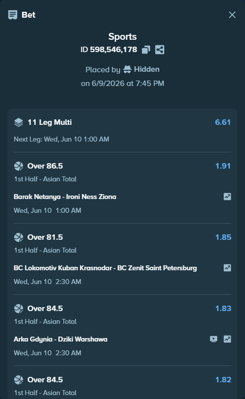 Bet slip: FC Barcelona - CB 1939 Canarias, $10,000.00 stake at 1.76 odds, placed by Hidden