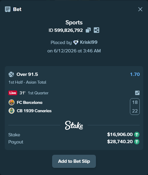 Bet slip: FC Barcelona - CB 1939 Canarias, $16,922.91 stake at 1.70 odds, placed by Kriski99