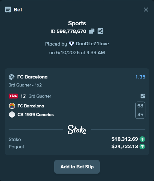 Bet slip: FC Barcelona - CB 1939 Canarias, $18,331.00 stake at 1.35 odds, placed by DooDLeZ1love