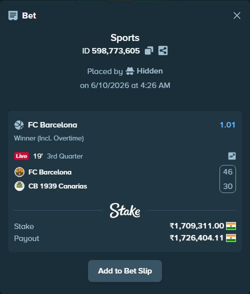 Bet slip: FC Barcelona - CB 1939 Canarias, $20,511.73 stake at 1.01 odds, placed by Hidden