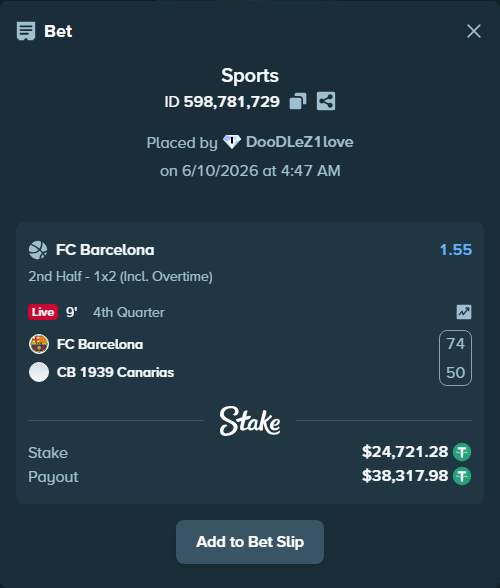 Bet slip: FC Barcelona - CB 1939 Canarias, $24,746.00 stake at 1.55 odds, placed by DooDLeZ1love