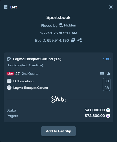 Bet slip: FC Barcelona - CB Coruna, $41,027.93 stake at 1.80 odds, placed by Hidden