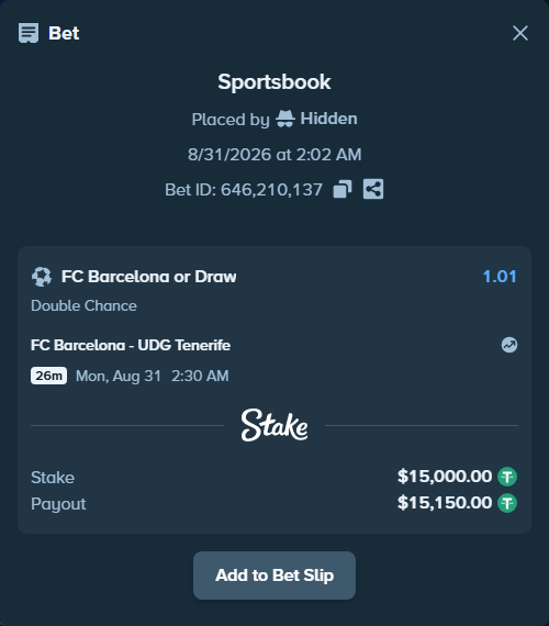 Bet slip: FC Barcelona - CD Tenerife, $15,000.00 stake at 1.01 odds, placed by Hidden