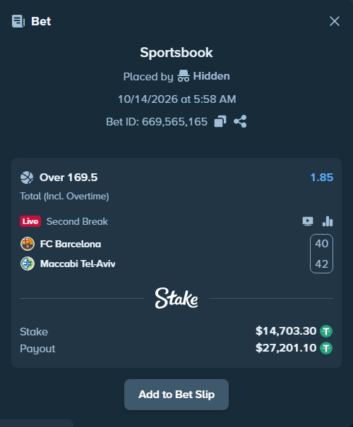 Bet slip: FC Barcelona - Maccabi Tel-Aviv, $14,718.00 stake at 1.85 odds, placed by Theketkitkitty