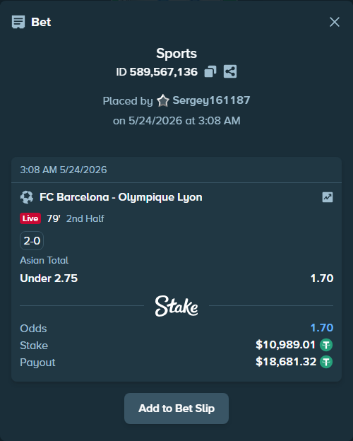 Bet slip: FC Barcelona - Olympique Lyon, $11,000.00 stake at 1.70 odds, placed by Sergey161187