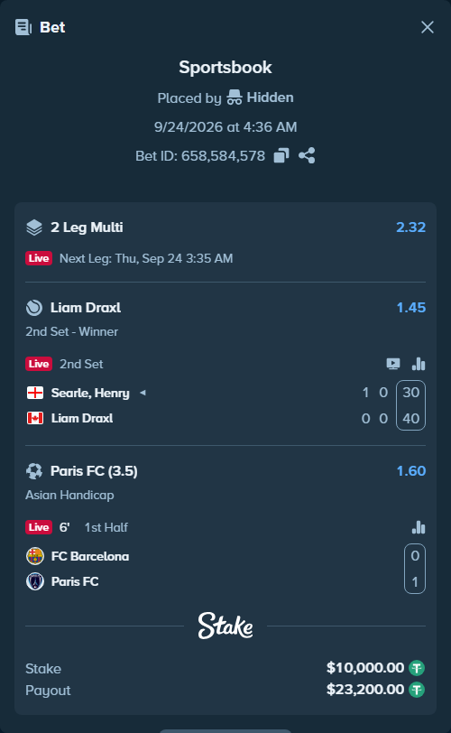 Bet slip: FC Barcelona - Paris FC, $10,000.00 stake at 1.60 odds, placed by Hidden
