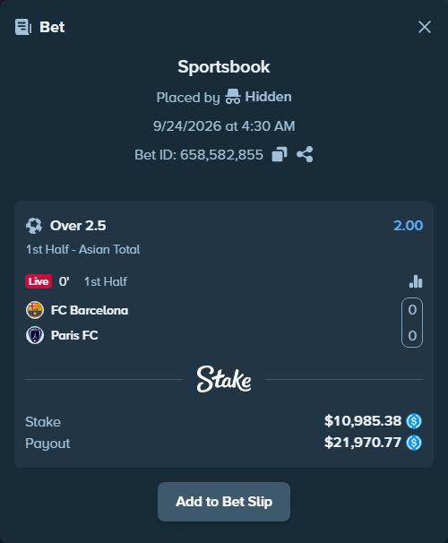 Bet slip: FC Barcelona - Paris FC, $10,985.38 stake at 2.00 odds, placed by Hidden