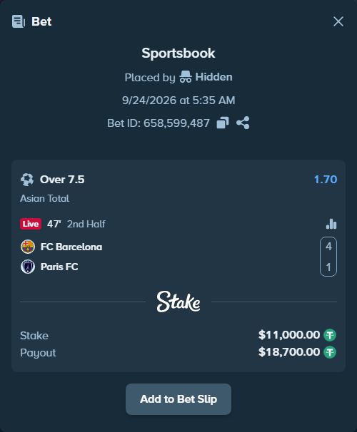 Bet slip: FC Barcelona - Paris FC, $11,000.00 stake at 1.70 odds, placed by Hidden