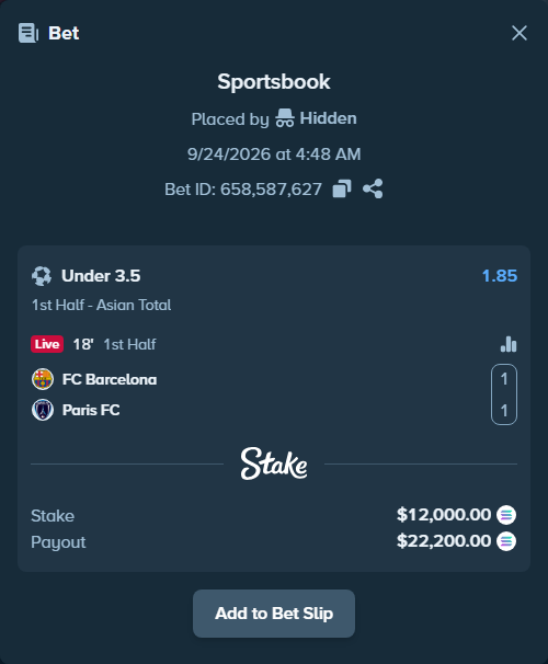 Bet slip: FC Barcelona - Paris FC, $11,983.74 stake at 1.85 odds, placed by Hidden