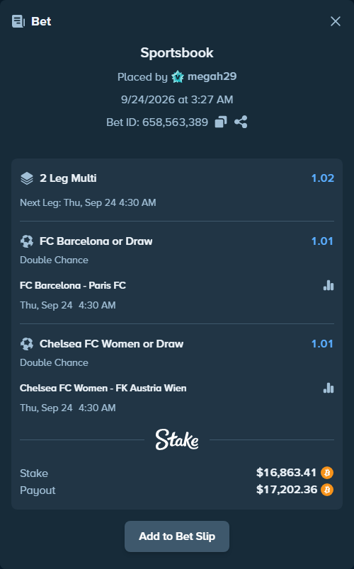 Bet slip: FC Barcelona - Paris FC, $16,884.20 stake at 1.01 odds, placed by megah29