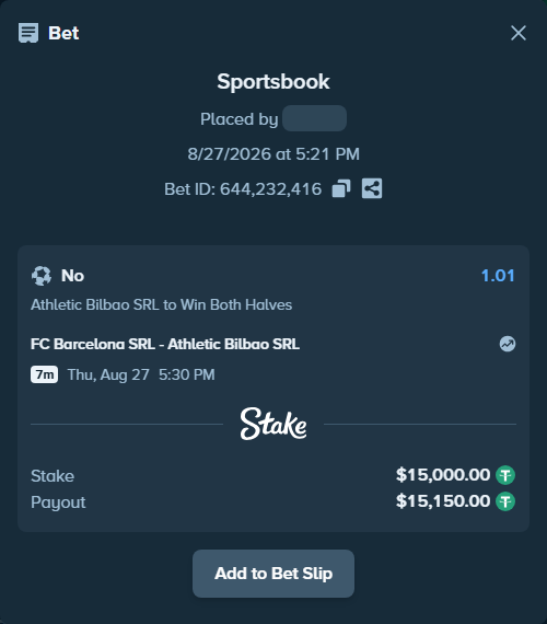 Bet slip: FC Barcelona SRL - Athletic Bilbao SRL, $15,000.00 stake at 1.01 odds, placed by vanishMineGod