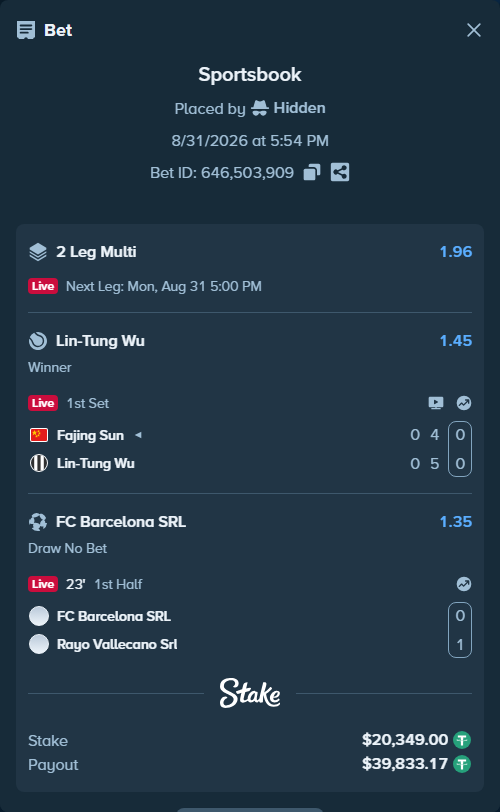 Bet slip: FC Barcelona SRL - Rayo Vallecano, $20,349.00 stake at 1.35 odds, placed by Hidden