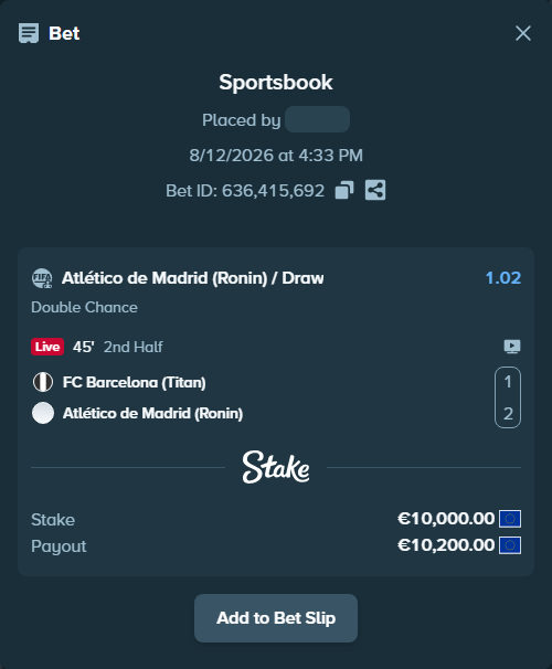Bet slip: FC Barcelona (Titan) - Atlético de Madrid (Ronin), $10,800.00 stake at 1.02 odds, placed by 4alen4