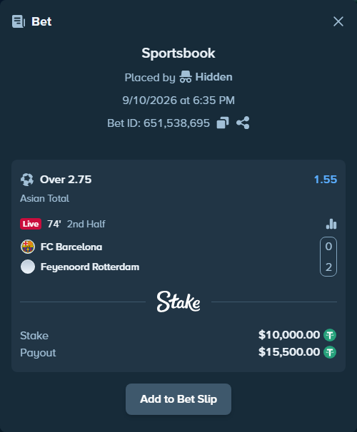 Bet slip: FC Barcelona U19 - Feyenoord Rotterdam, $10,000.00 stake at 1.55 odds, placed by Hidden