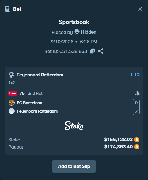 Bet slip: FC Barcelona U19 - Feyenoord Rotterdam, $155,894.00 stake at 1.12 odds, placed by Hidden