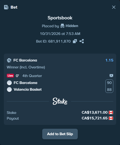 Bet slip: FC Barcelona - Valencia Basket, $10,116.54 stake at 1.15 odds, placed by gurpindersahot