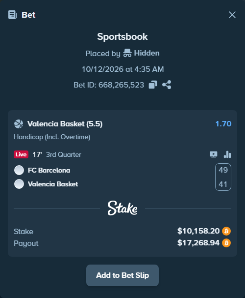 Bet slip: FC Barcelona - Valencia Basket, $10,125.56 stake at 1.70 odds, placed by Hidden