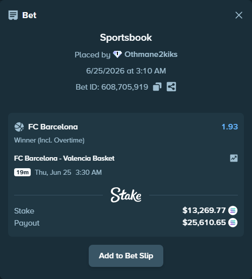 Bet slip: FC Barcelona - Valencia Basket, $15,128.92 stake at 1.93 odds, placed by Othmane2kiks