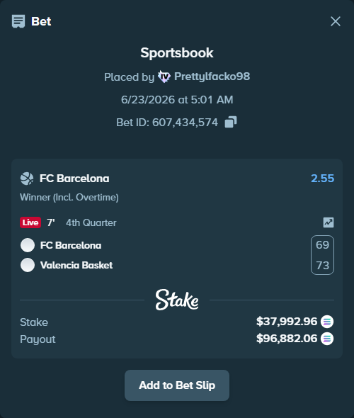 Bet slip: FC Barcelona - Valencia Basket, $38,719.30 stake at 2.55 odds, placed by Prettylfacko98
